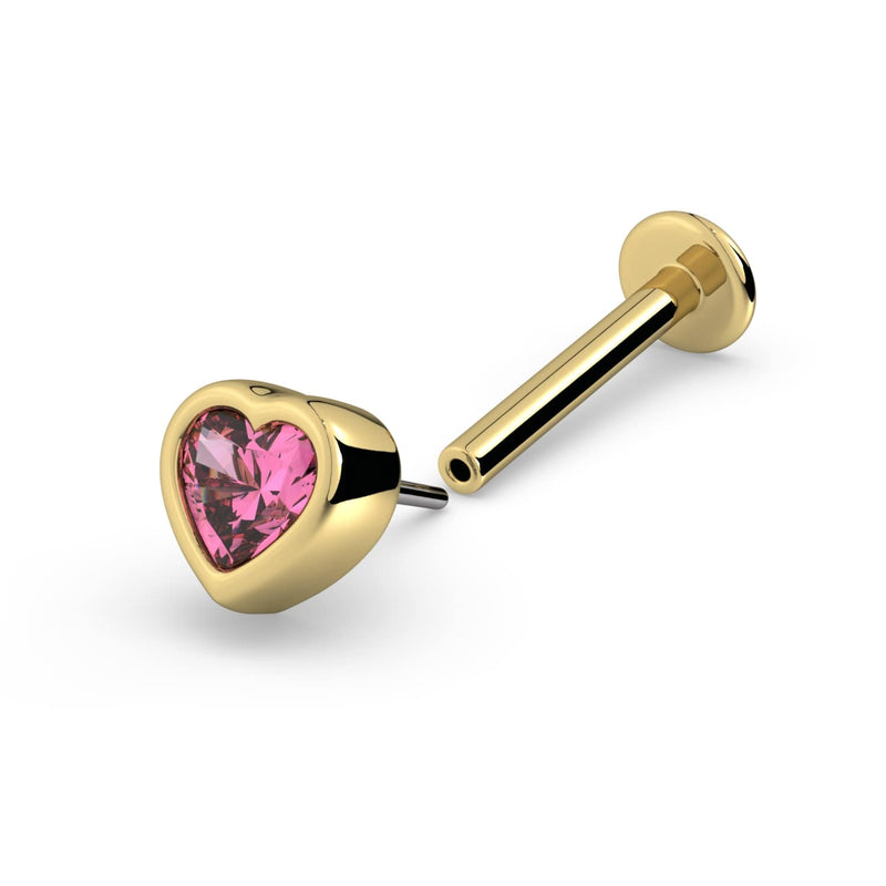 14k yellow gold pink sapphire heart labret stud with threadless post and flat disc backing separated