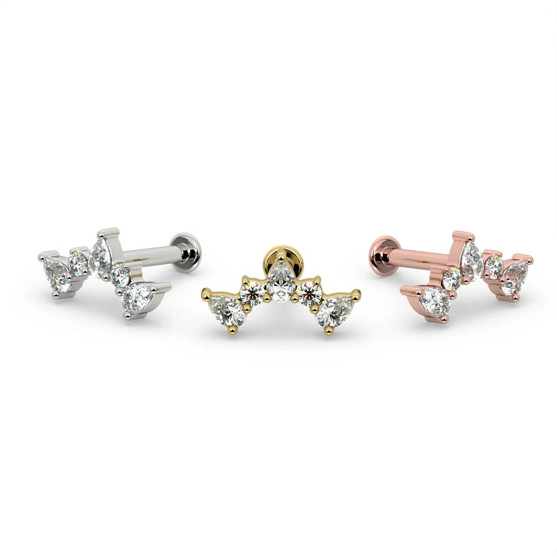 Diamond pear climber flat back stud in all three metal options: 14k white gold, yellow gold, and rose gold