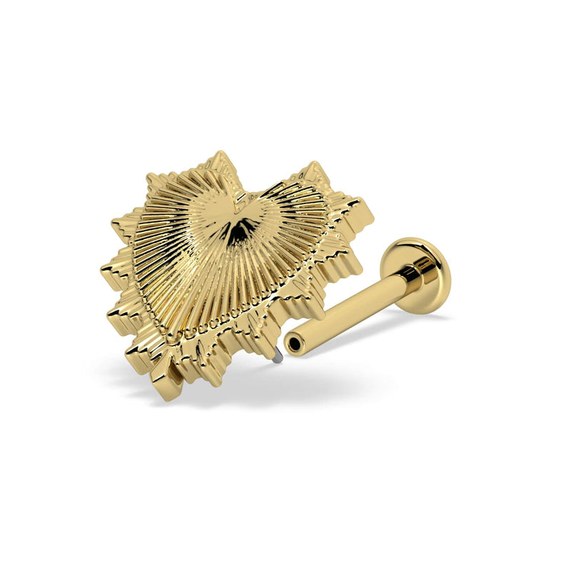 14k yellow gold radiant heart threadless flat back labret showing pin post and disc backing, white background