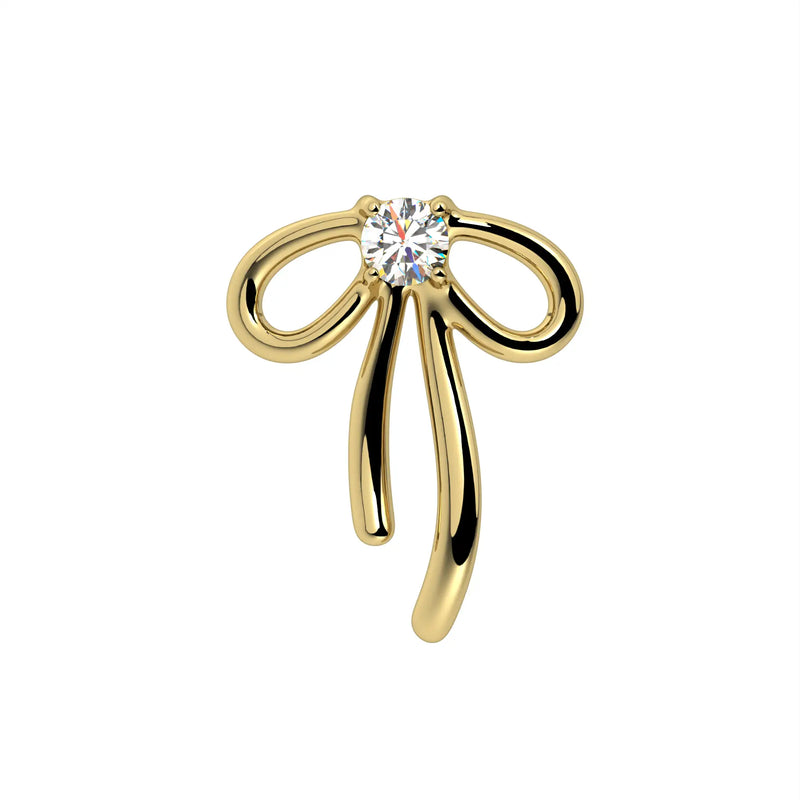 14k yellow gold ribbon bow diamond labret stud, straight-on front view on white background