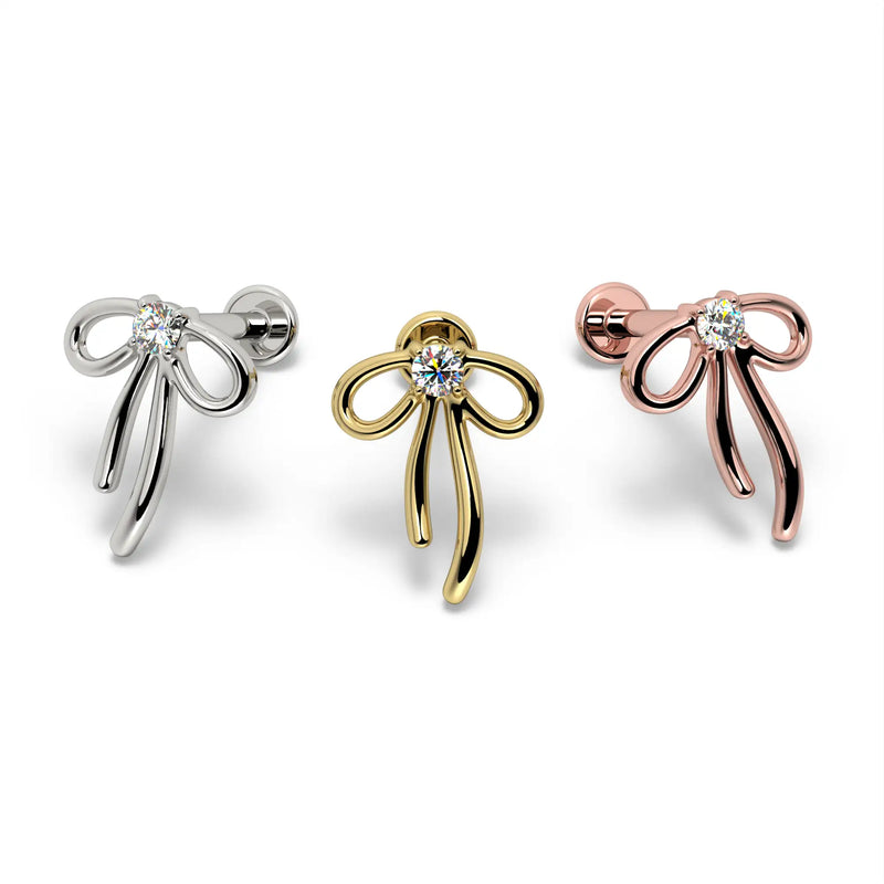 Ribbon bow diamond flat back stud in all three 14k gold options: white, yellow, and rose gold