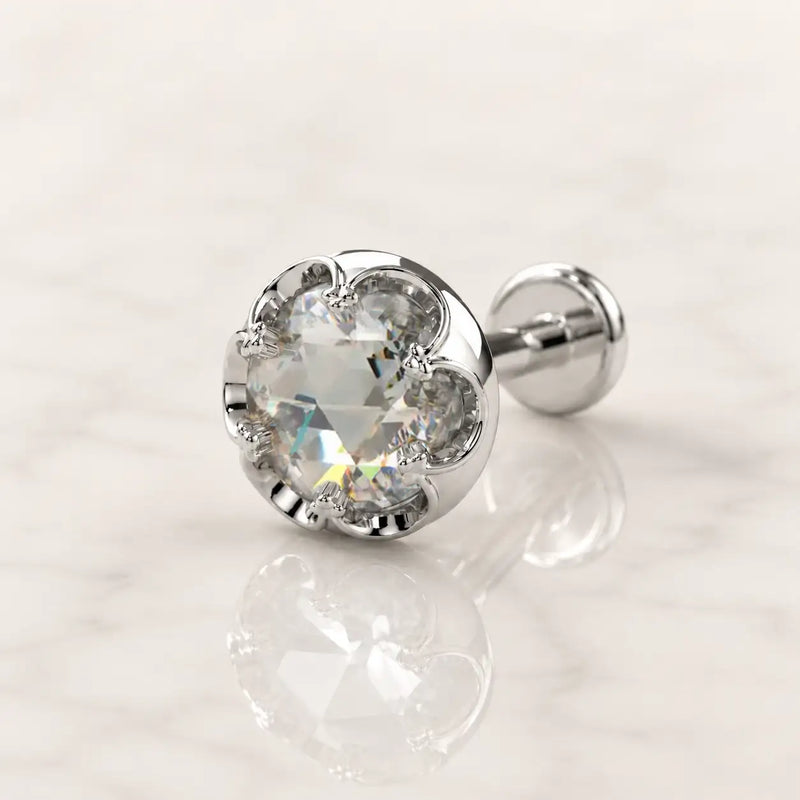 4mm Reina Rose Cut Diamond Flat Back Stud in 14K White Gold with crown-set Rose Cut Diamond - for cartilage, helix, tragus, and lobe piercings