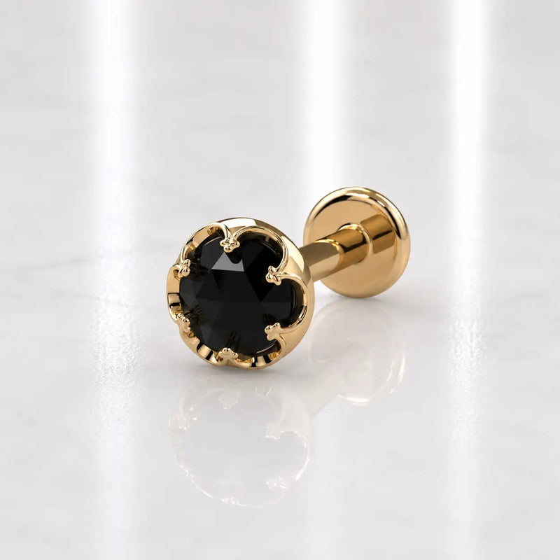 Reina Rose Cut Black Diamond Nose Ring in 14K Yellow Gold with crown-set Rose Cut Black Diamond - for nostril piercings