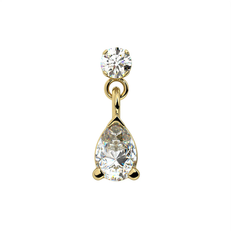 14k yellow gold diamond pear drop flat back labret, classic size, front view on white background