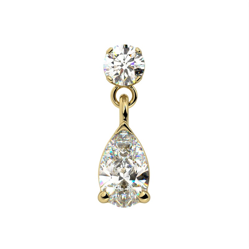 14k yellow gold diamond pear drop flat back stud, statement size, front view showing larger pear diamond