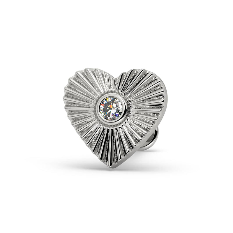 14k white gold sunburst heart flat back stud with bezel-set diamond, front view