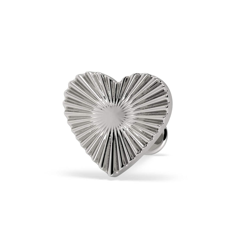 14k white gold sunburst heart flat back stud, front view highlighting polished ridged heart design