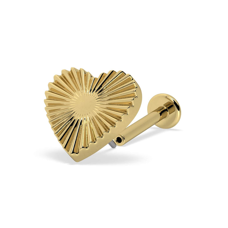 Side profile of 14k yellow gold sunburst heart labret stud showing flat back post and disc backing