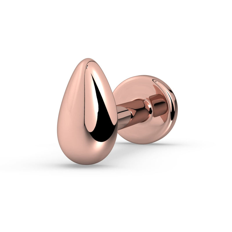14k rose gold teardrop press-fit flat back labret stud, angled view showing smooth polished finish
