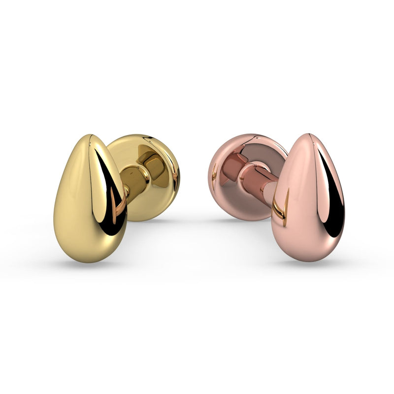 14k yellow gold and 14k rose gold teardrop flat back studs side by side comparing both metal color options