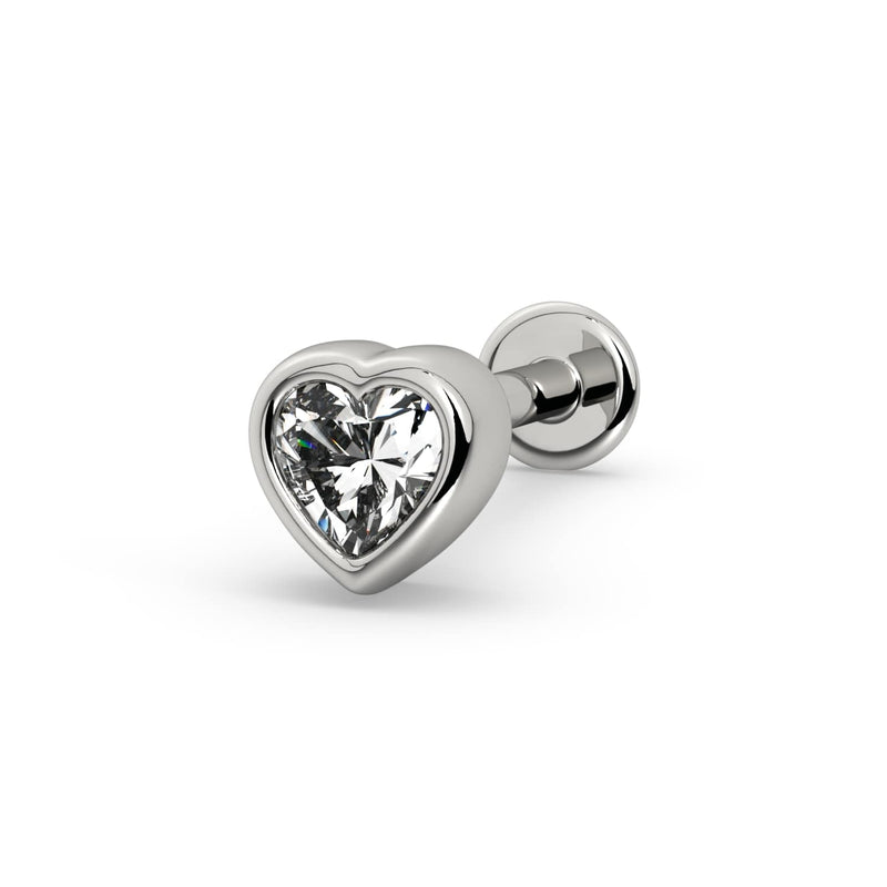 14k white gold white sapphire heart flat back stud earring with bezel setting, angled view