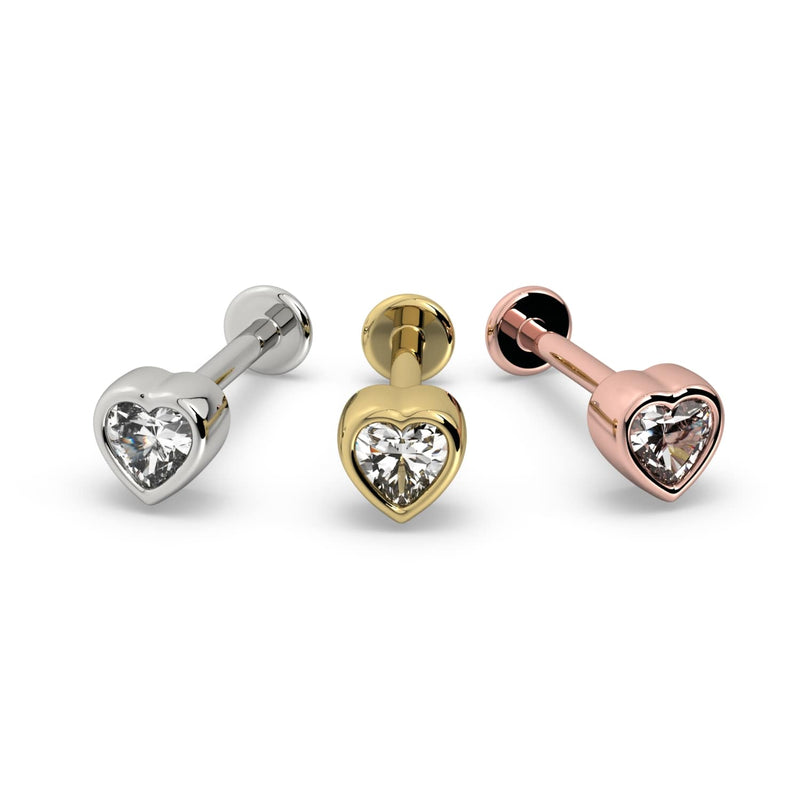 White sapphire heart flat back studs in 14k white, yellow, and rose gold side-by-side comparison