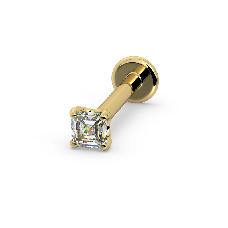 14k yellow gold Asscher-cut diamond flat back labret stud, angled render showing disc backing and post detail