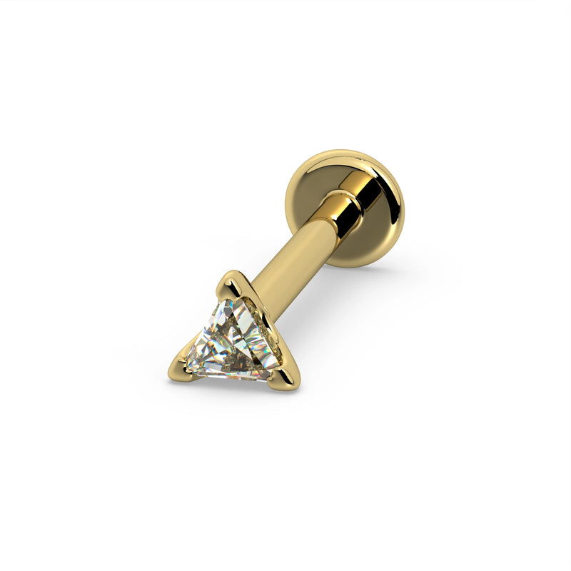 14k yellow gold 2.5mm triangle diamond flat back labret stud, clean angled view on white background