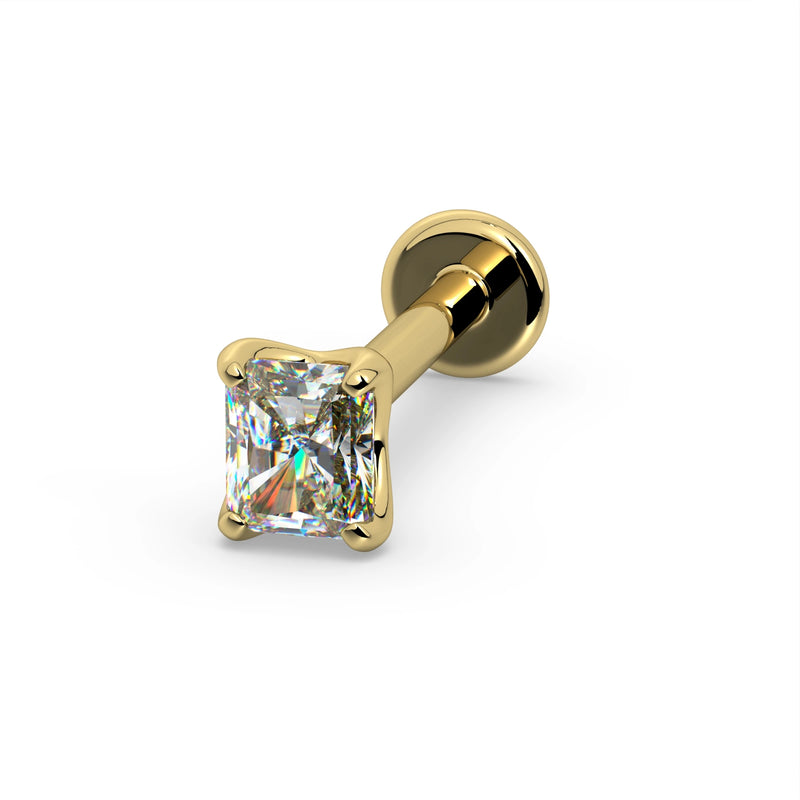 14k yellow gold radiant-cut diamond flat back labret, 3D render angled view showing post length and disc backing