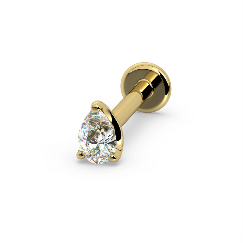 14k yellow gold pear-cut diamond flat back labret, elevated angled view showing post and flat disc backing