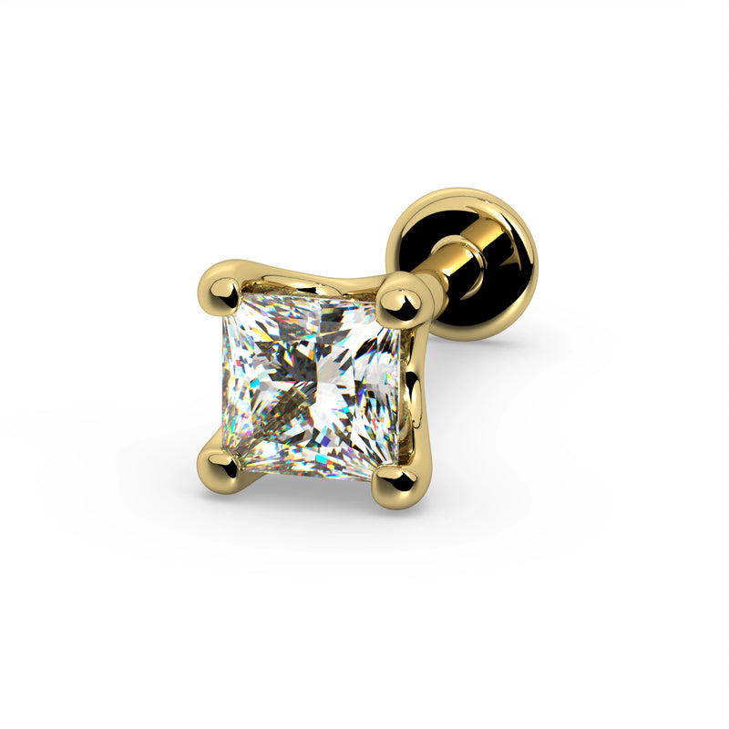 14k yellow gold princess-cut diamond flat back stud, side-angle view showing four-prong setting and round disc back