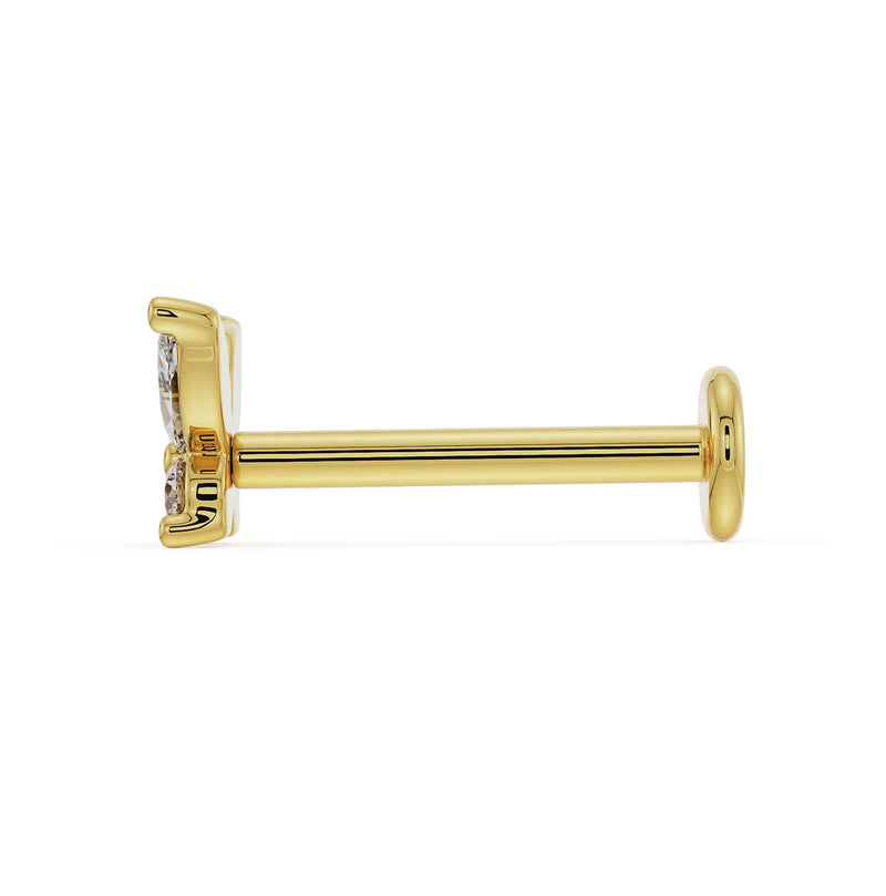 Side profile of 14k yellow gold diamond butterfly flat back labret showing post length and flat disc backing