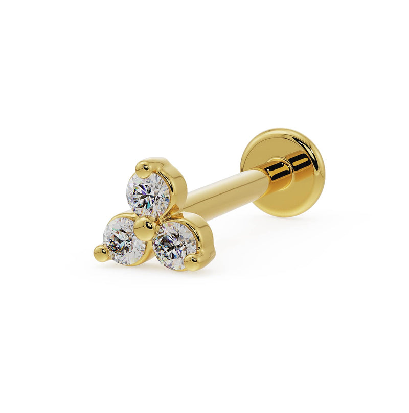 14k yellow gold trinity diamond flat back labret stud, angled view showing three-stone cluster and disc backing
