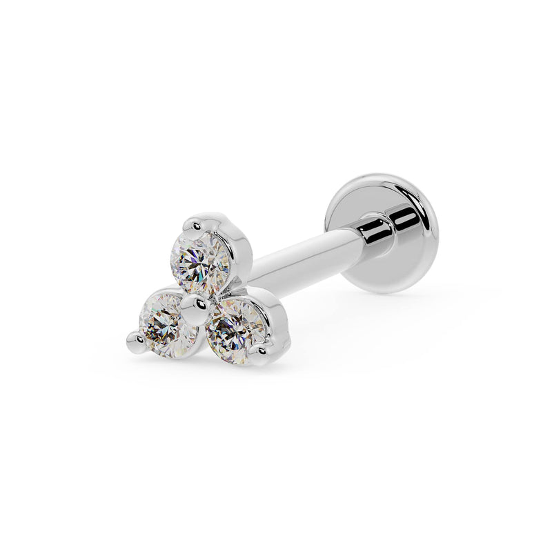 14k white gold trinity diamond flat back labret stud, angled view showing three-stone cluster and disc backing