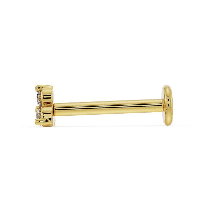 Side profile of 14k yellow gold trinity diamond flat back stud showing post length and flat disc backing