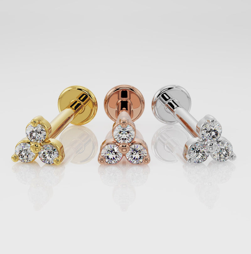 Trinity diamond flat back labret in all three metal options: 14k yellow gold, rose gold, and white gold side by side