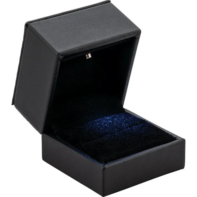 Black leather LED ring box open, showing lit blue microfiber insert and built-in LED