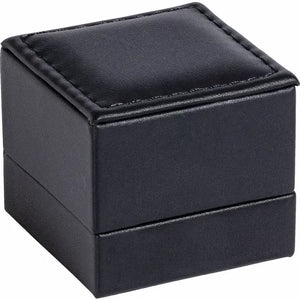 Black leather LED ring box closed, showing stitched lid and sleek exterior finish
