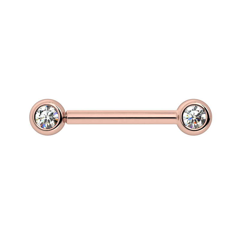 14k rose gold CZ bezel nipple barbell with small bezel-set cubic zirconia ends, front view