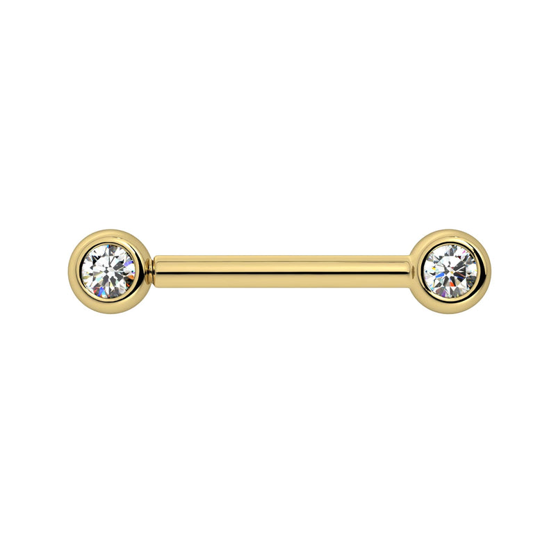 14k yellow gold VS1 diamond nipple barbell with dual bezel-set round diamonds, 3mm size, front view