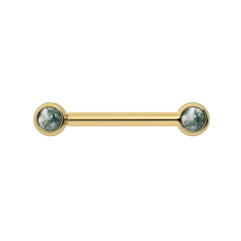 14k yellow gold nipple barbell with dual 3mm bezel-set moss agate cabochons, front view