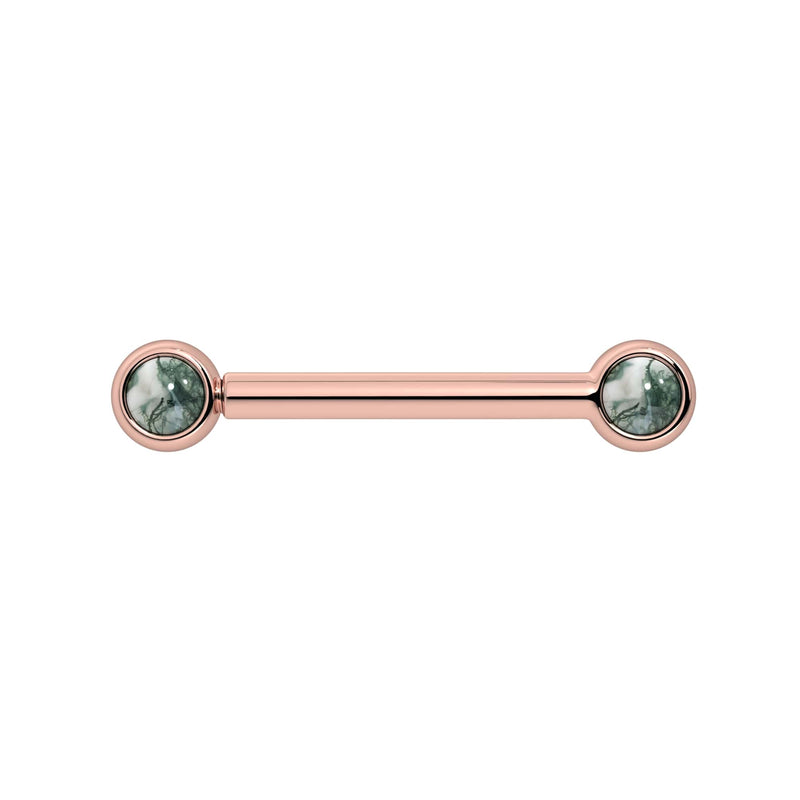 14k rose gold nipple barbell with dual 3mm bezel-set moss agate cabochons, front view