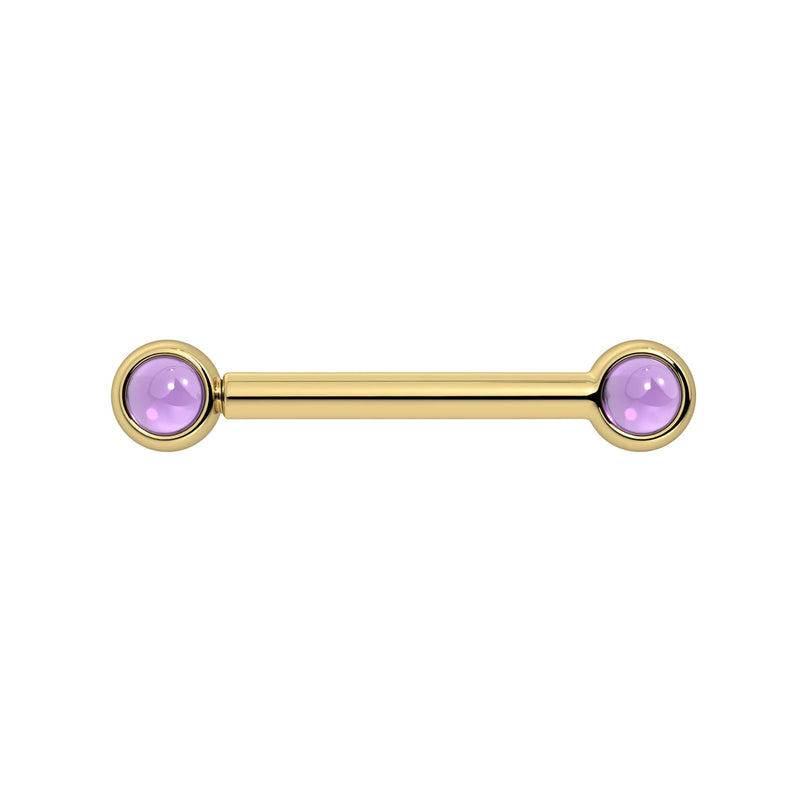 14k yellow gold nipple barbell with dual 3mm bezel-set amethyst cabochons, front view