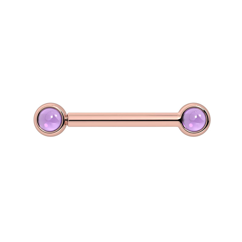 14k rose gold nipple barbell with dual 3mm bezel-set amethyst cabochons, front view