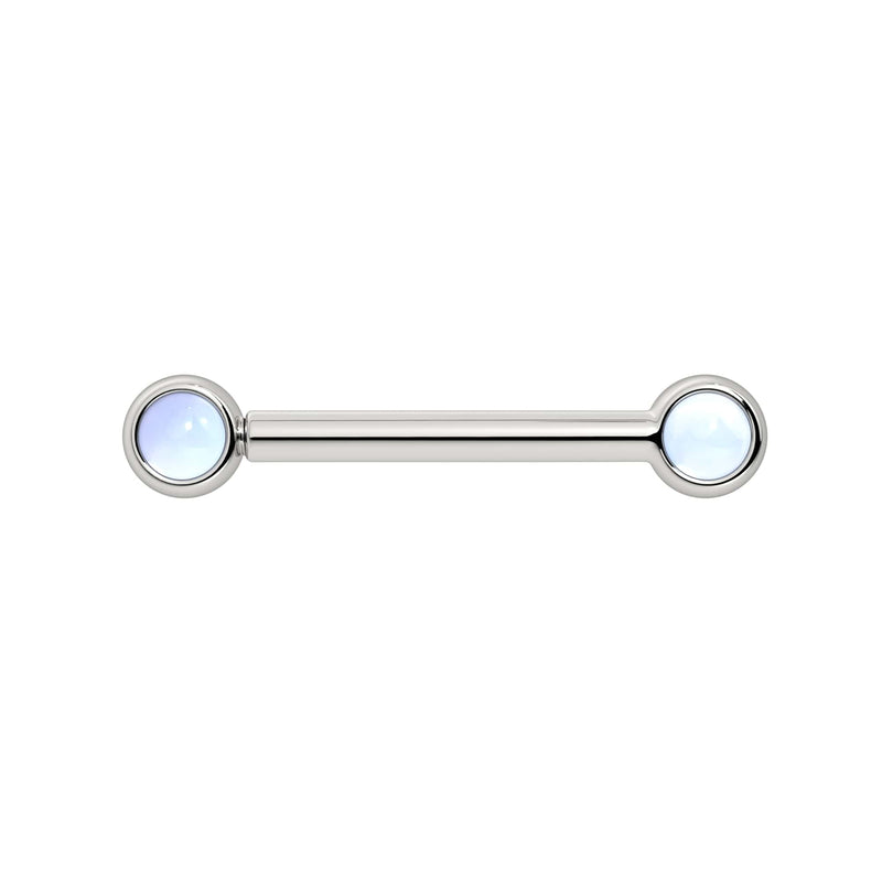 14k white gold nipple barbell with dual 3mm bezel-set moonstone cabochons, front view