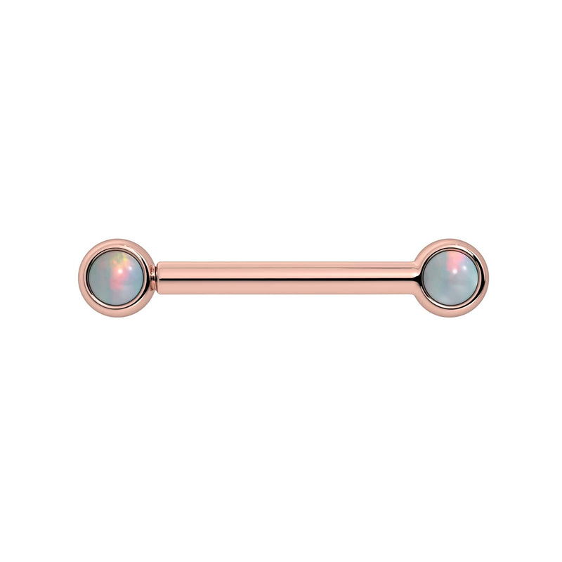 14k rose gold nipple barbell with dual 3mm bezel-set white opal cabochons, front view
