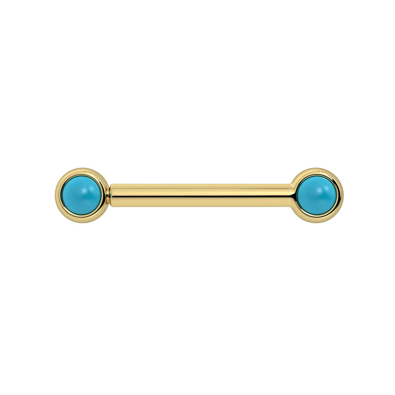 14k yellow gold nipple barbell with dual 3mm bezel-set turquoise cabochons, front view