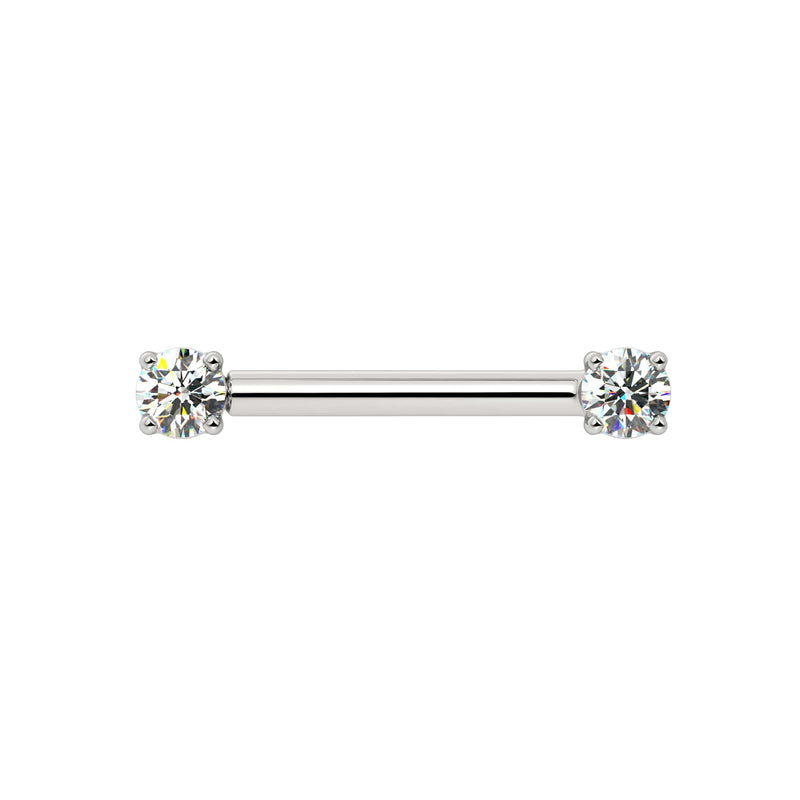 14k white gold diamond nipple barbell featuring dual round brilliant diamonds in four-prong settings, front view