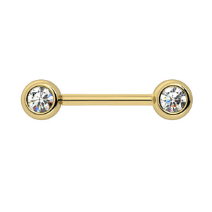 14k yellow gold CZ nipple barbell showing larger bezel-set cubic zirconia ends with brilliant sparkle