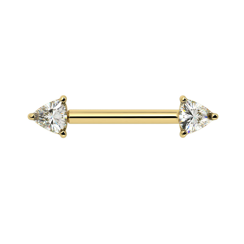 14k yellow gold nipple barbell with dual 4mm trillion-cut diamonds in prong settings, front view