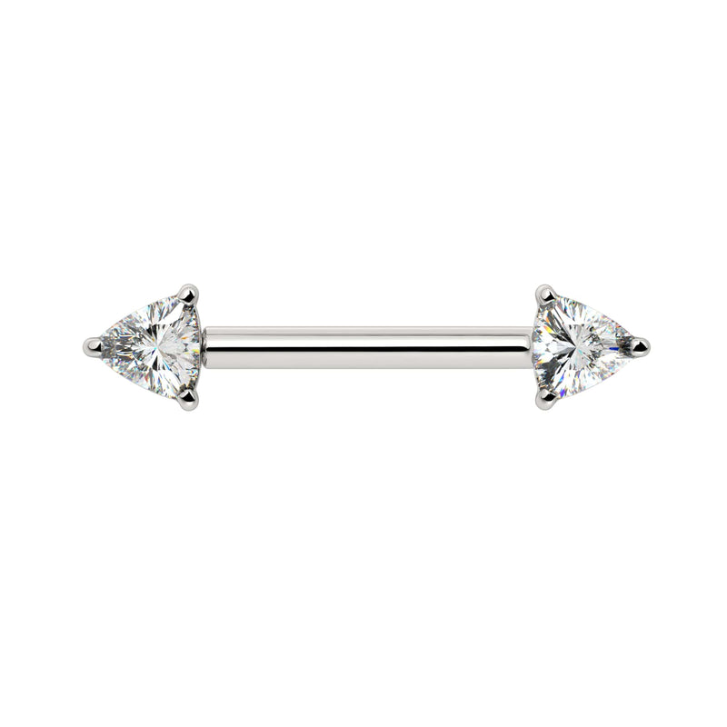 14k white gold nipple barbell with dual trillion-cut diamonds, .372 CTW, front view