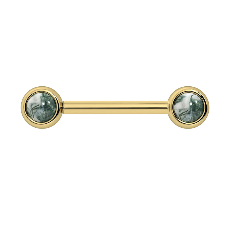 14k yellow gold nipple barbell with dual 4mm bezel-set moss agate cabochon ends, front view