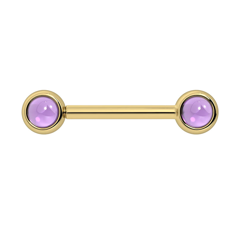 14k yellow gold nipple barbell with dual 4mm bezel-set amethyst cabochon ends, front view