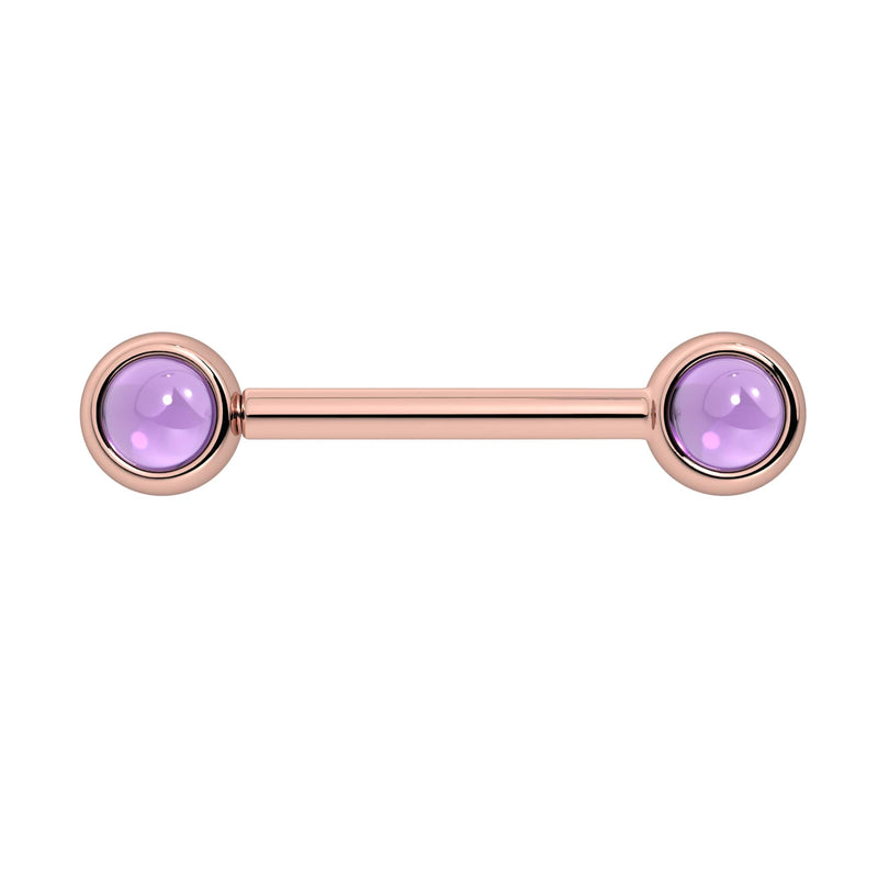14k rose gold nipple barbell with dual 4mm bezel-set amethyst cabochon ends, front view