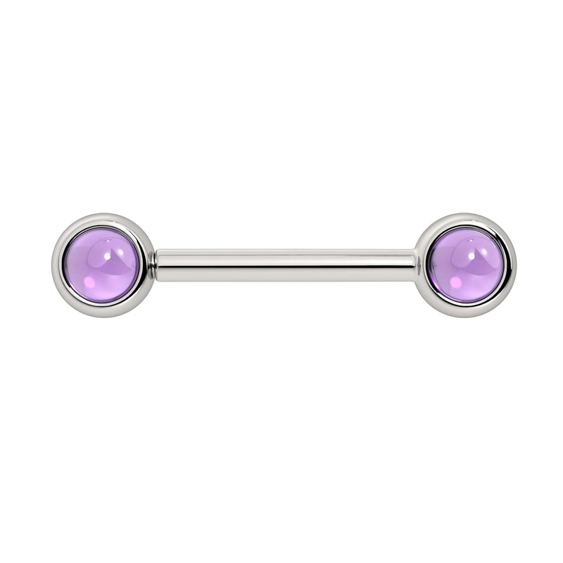 14k white gold nipple barbell with dual 4mm bezel-set amethyst cabochon ends, front view