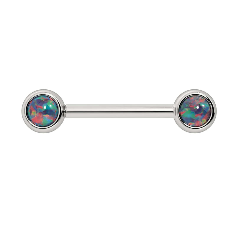 14k white gold nipple barbell with dual 4mm black opal cabochon ends showing vivid color play