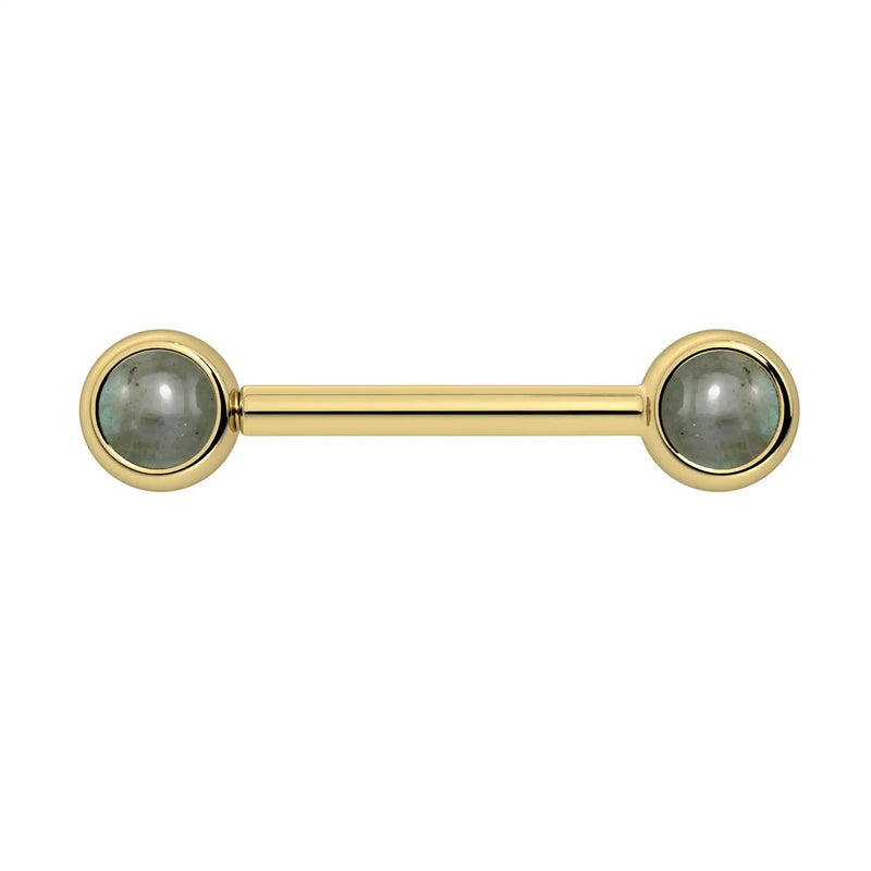 14k yellow gold nipple barbell with dual 4mm bezel-set labradorite cabochon ends, front view