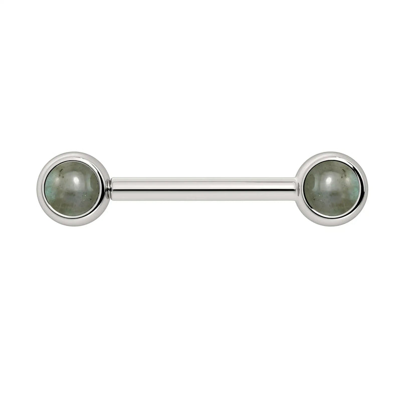 14k white gold nipple barbell with dual 4mm bezel-set labradorite cabochon ends, front view
