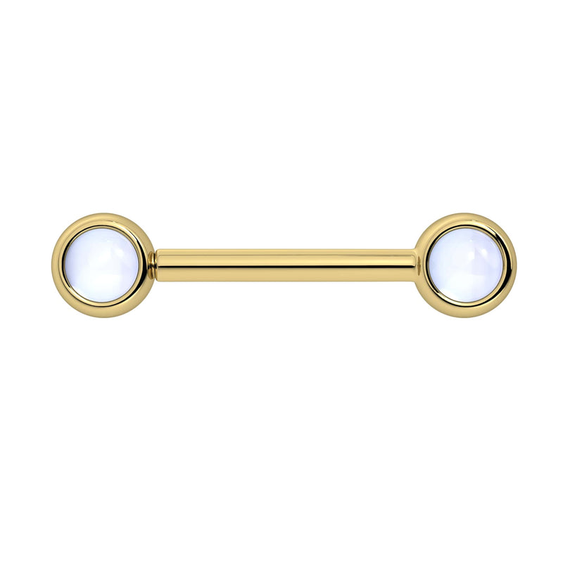 14k yellow gold nipple barbell with dual 4mm bezel-set moonstone cabochon ends, front view