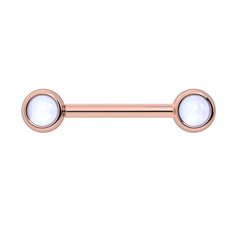 14k rose gold nipple barbell with dual 4mm bezel-set moonstone cabochon ends, front view